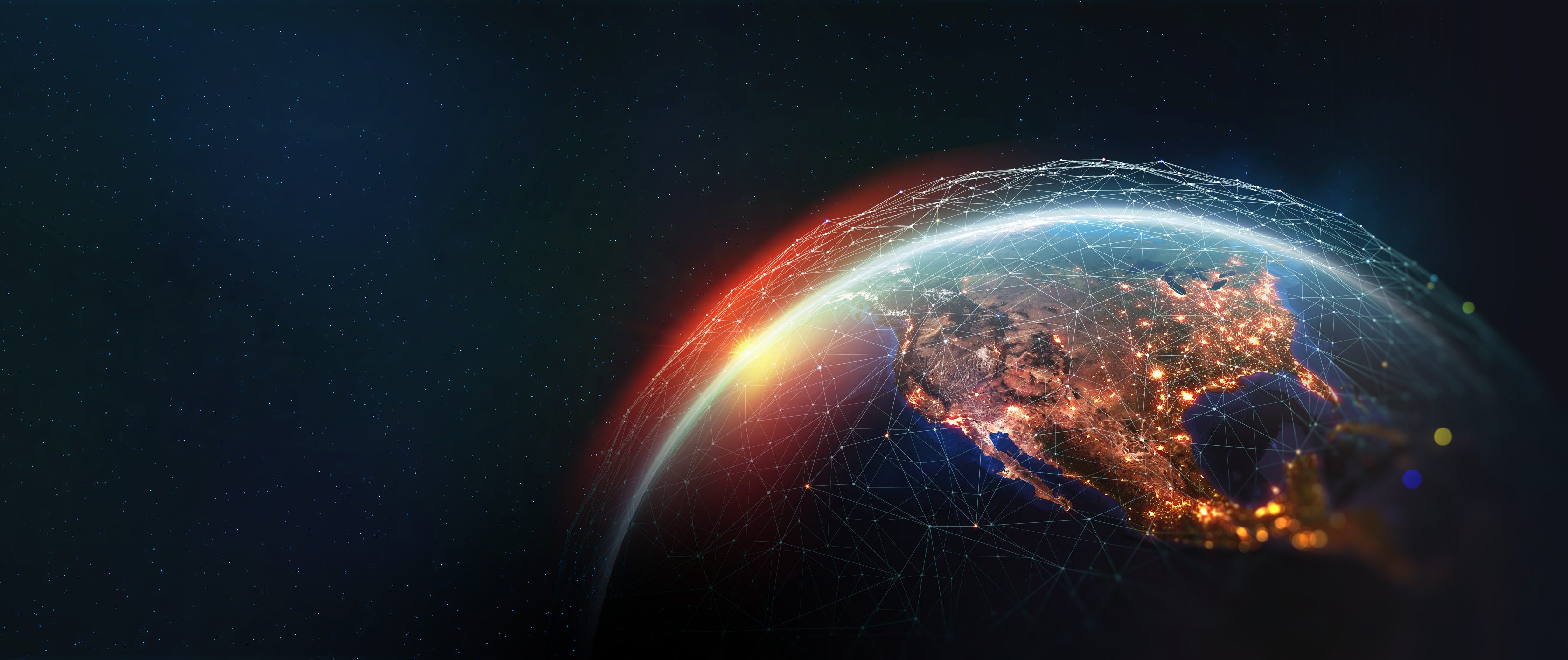 Ein vernetzter Globus mit leuchtenden Punkten, die globale Reichweite und Verbindungen darstellen.